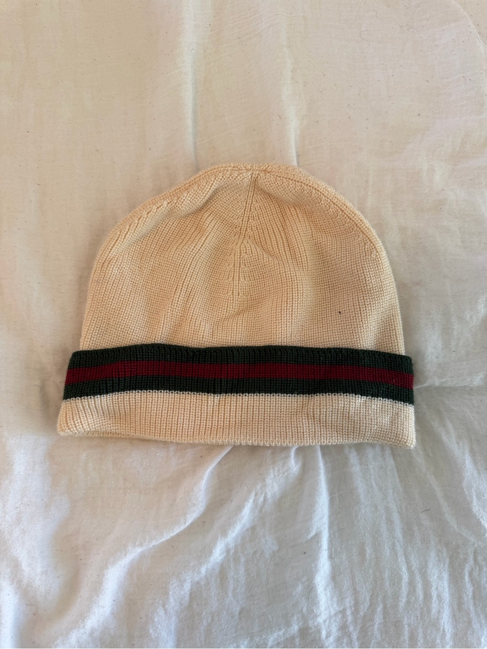 Gucci Cream Knit Beanie with Green & Red Stripe